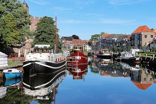 GLHUIOZ Puzzle 1000 Teile für Erwachsene Familienpuzzles für Erwachsene Teens Kinder 1000 Teile Unmögliche Puzzles Spiele Geschenk Spielzeug Dekoration Niederlande Flüsse Marinas Motorboot Zwolle von GLHUIOZ
