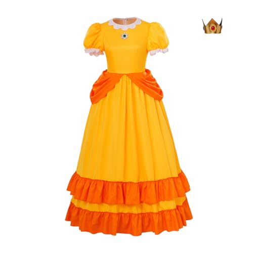 GLIMMERCOS Damen Prinzessin Peach Rosalina Daisy Kostüm-Outfits mit Krone Prinzessin Kleid Belle Cosplay Kostüm Abendkleid (Gelb, M) von GLIMMERCOS