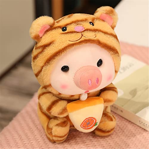 GLITZFAS Schwein Plüschtier Kuscheltier, Boba Stofftier Schwein mit Bubble Tea Cup Plüsch Spielzeug Plüschpuppen Weich Kissen Geschenk Kinderspielzeug (Tiger,25 cm) von GLITZFAS