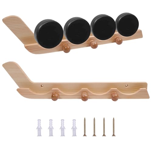 GLOBLELAND 2 Pack Holzhockey Puck Ausstellungsfächer Holzwandhalter mit Haken Hockey Ausstellungsfächer für Spieler Teamgeschenke Wohnzimmer Speicher Dekorationszubehör von GLOBLELAND