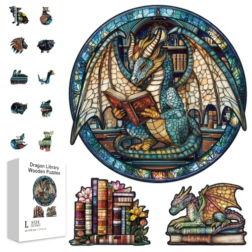 GLOBLELAND 200 Stück Drachenbibliothek Puzzle Aus Holz Für Kleinkinder Lernpuzzle Zum Lesen von Büchern Farbenfrohe Einzigartig Geformte Puzzles Geburtstagsgeschenke Für Das Lernen Im Vorschulalter von GLOBLELAND