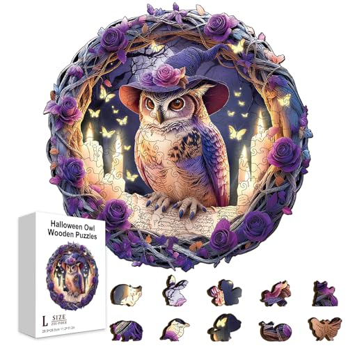 GLOBLELAND 200 Stück Halloween Puzzle Mit Magischer Eule Aus Holz Für Erwachsene 11.2x11.2Zoll Lila Rosa Bunt Einzigartige Puzzles In Tierform Für Feiertage Geburtstage Jahrestage von GLOBLELAND