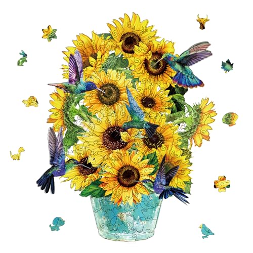 GLOBLELAND 200 Stück Sonnenblumen Holzpuzzle Für Erwachsene, Kolibri Puzzle, Buntes Holzpuzzle Für Erwachsene, Für Geburtstag, Weihnachten, 36x28.5 cm von GLOBLELAND