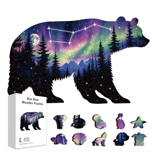GLOBLELAND 200 Stück Sternenhimmel Aurora Holzpuzzle Für Erwachsene 15.15x9.29 Zoll Buntes Waldbär Puzzle Holzkonstellationspuzzle Für Geburtstag Weihnachten Halloween Kindergeschenke von GLOBLELAND
