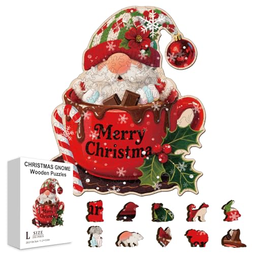 GLOBLELAND 200 Stück Weihnachts Hotdrink Zwerge Aus Holz Puzzle Für Erwachsene 14.2x11.7Zoll Frohe Weihnachten Tasse Zwerg Bunt Einzigartig Puzzle In Tierform Für Geburtstags Und Jubiläumsgeschenke von GLOBLELAND