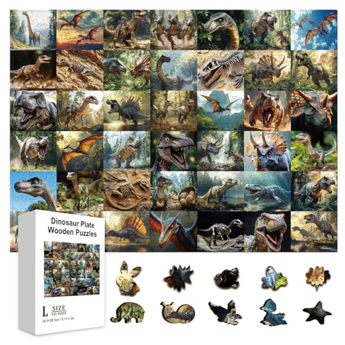 GLOBLELAND 300 Stück 42 Dinosaurier Atlas Puzzles Aus Holz Zum Lernen Für Kleinkinder 11.22x15.16 Zoll Bunte Jurassic Dinosaurier Platten Holzpuzzles Feiertags Und Geburtstagsgeschenke Für Das Lernen von GLOBLELAND