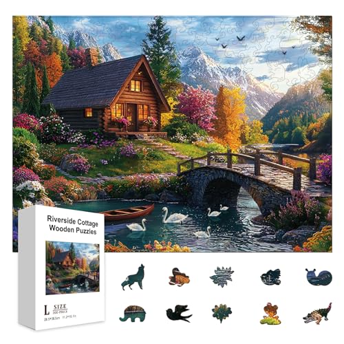 GLOBLELAND 300 Stück Holzpuzzle „Riverside Cottage“ Zum Lernen Für Kleinkinder 11.22x15.16 Zoll Bunte Flusslandschaft Holzpuzzle Feiertags Und Geburtstagsgeschenke Für Das Lernen Im Vorschulalter von GLOBLELAND