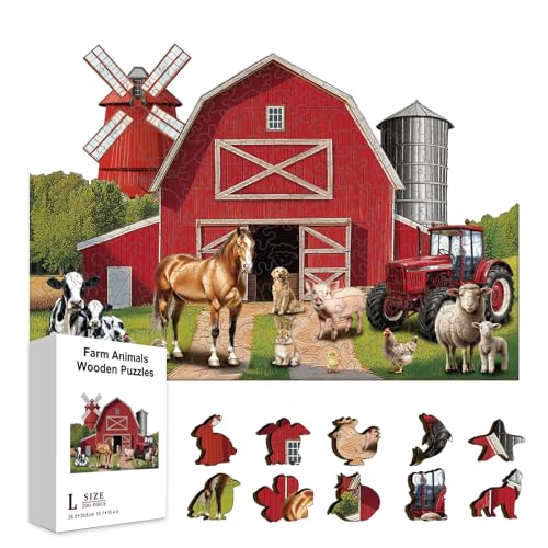 GLOBLELAND 300 Stück Rotes Scheunenhaus Holzpuzzle Für Erwachsene 15.15x10.47 Zoll Bauernhoftiere Puzzle Holz Kinder Buntes Puzzle Für Geburtstag Weihnachten Halloween Kindergeschenke von GLOBLELAND