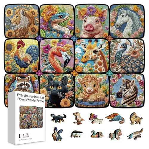 GLOBLELAND 300 Stück Stickmuster Puzzles Aus Holz Mit Tieren Und Blumen Zum Lernen von Kleinkindern 11.22x15.16 Zoll Bunte Holzpuzzles Mit (3) Tieren Feiertags Und Geburtstagsgeschenke Für Das Lernen von GLOBLELAND