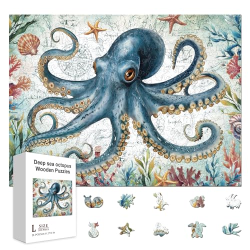 GLOBLELAND 300 Stück Tiefsee Oktopus Puzzle Aus Holz Für Kleinkinder Die Retro Ozean Puzzles Lernen Bunte Einzigartig Geformte Puzzles Geburtstagsgeschenke Für Das Lernen Im Vorschulalter von GLOBLELAND