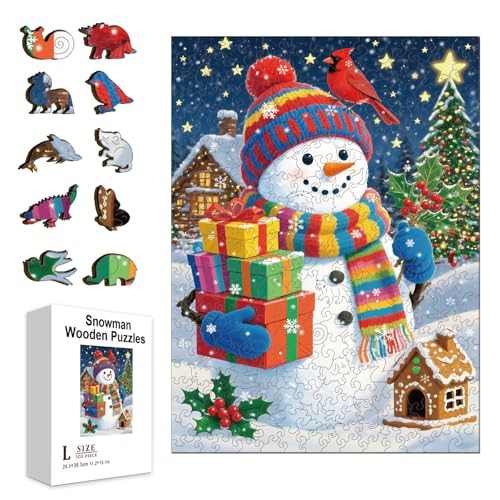 GLOBLELAND 300 Stück Weihnachts Schneemann Mit Wollmütze Und Handschuhen Holzpuzzle Für Erwachsene 15.2x10.7Zoll Kardinalvogel Farbenfrohes Einzigartiges Puzzle In Tierform als Geschenk Geburtstag von GLOBLELAND