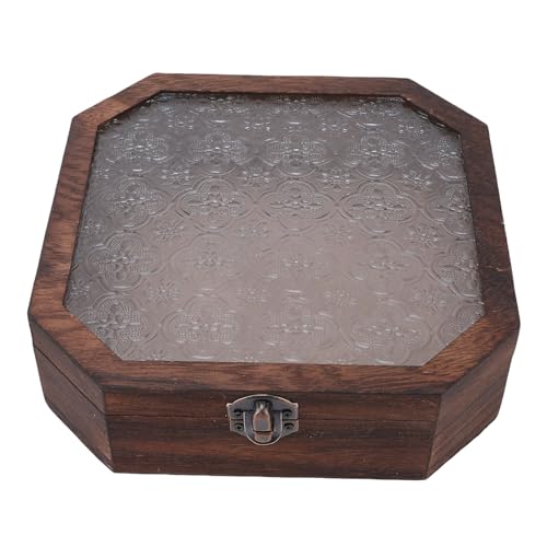 GLOGLOW Vintage Storage Organizer Holzspeicherbox mit Deckel, Achteckiger Schmuck Organizer Vintage Blumendesign Paulownia Holz und Glas Keepsake Box für Schmuckkosmetik Schmuckstücke von GLOGLOW