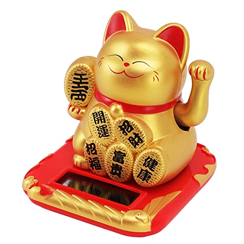 GLOGLOW Winkende Arm Solar Glückskatze, Chinesische Keramikfiguren Glückskatze Winkende Arm Glück Reichtum Chinesische (Champagner mit chinesischen Schriftzeichen) von GLOGLOW