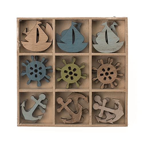 GLOREX 6 1860 195 - Maritimes Holzset, 18-teilig mit Segelschiff, Schiffsruder und Anker, ca. 4 cm, für kreative, nautische Bastel- und Dekoideen von GLOREX