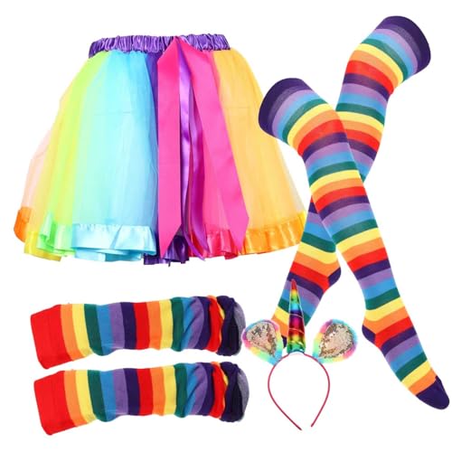 GLSTOY Regenbogen Party Dekoratives Stirnband Partykostümversorgung Headband Rainbow Tutu Skirt with Striped Thigh Regenbogenkopfschmuck Regenbogenstirnband High Socks and Gloves Adult Cosplay Costume GLSTOY Regenbogen Party Dekoratives Stirnband Partykostümversorgung Headband Rainbow Tutu Skirt with Striped Thigh Regenbogenkopfschmuck Regenbogenstirnband High Socks and Gloves Adult Cosplay Costume von GLSTOY