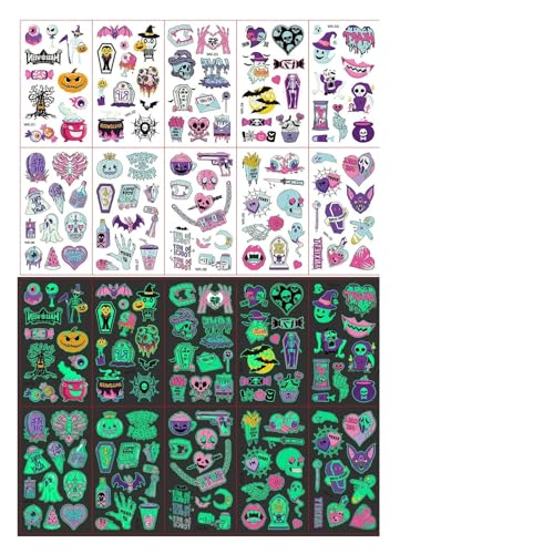 10 Blätter (106 Muster) Im Dunkeln leuchtende temporäre Tattoo-Aufkleber, Halloween-Designs mit Vampir-, Skelett-, Zombie-, Geister- und Kürbismotiven von GLSZNQO