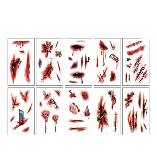 10 Stück gefälschte Wundnarben-Tattoo-Aufkleber for Halloween-Festivals, Körperkunst, realistische blutende Narben, temporäre Tattoos for Frauen und Männer(Set-417) von GLSZNQO