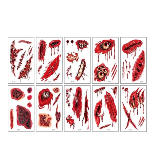 10 Stück gefälschte Wundnarben-Tattoo-Aufkleber for Halloween-Festivals, Körperkunst, realistische blutende Narben, temporäre Tattoos for Frauen und Männer(Set-418) von GLSZNQO