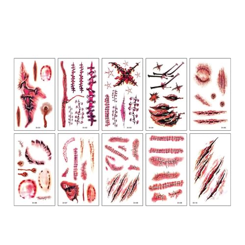 10 Stück gefälschte Wundnarben-Tattoo-Aufkleber for Halloween-Festivals, Körperkunst, realistische blutende Narben, temporäre Tattoos for Frauen und Männer(Set-419) von GLSZNQO
