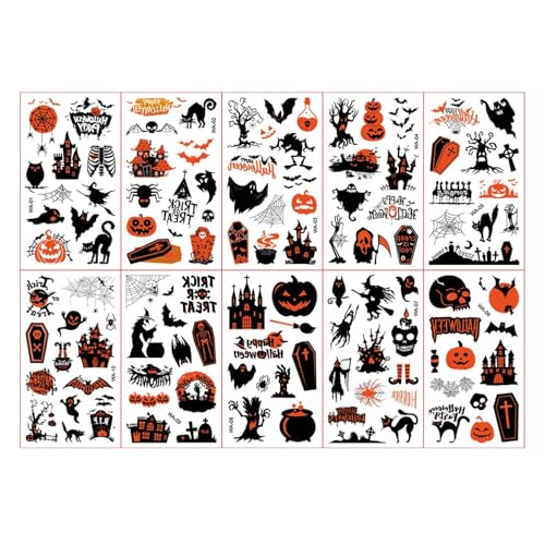 10 Stück temporäre Halloween-Tattoo-Aufkleber, 120 Cartoon-Fledermaus-Spinne-Katze-Kürbis-Geist-Zombie-Elementmuster, Körper-Arm-Kunst-Tattoo von GLSZNQO