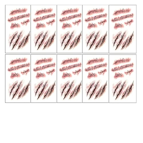10 stücke Halloween Narbe Temporäre Tattoo tickers Rot Blutgerinnsel Gesicht Tattoo Wasserdicht Cosplay Geschenke for Männer Frauen Party Decor(D-10PCS) von GLSZNQO