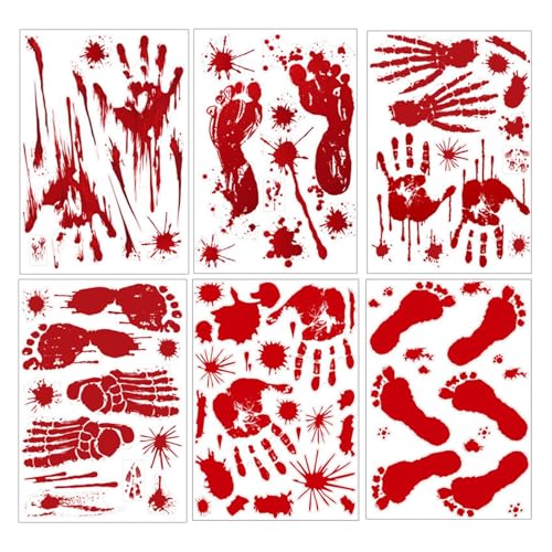 4 Stücke Halloween Großes Skelett Wandaufkleber Menschlicher Schädel Knochen Fledermaus Fensteraufkleber Halloween Party Gruselig Home Zimmer Aufkleber Dekore(Blood Print 6pcs) von GLSZNQO