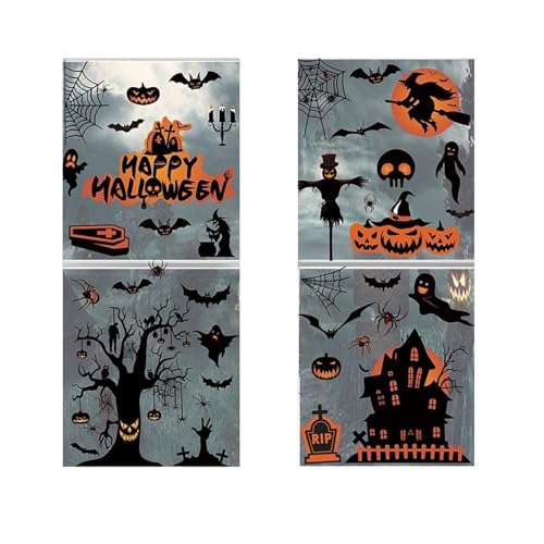 4 Stücke Halloween Großes Skelett Wandaufkleber Menschlicher Schädel Knochen Fledermaus Fensteraufkleber Halloween Party Gruselig Home Zimmer Aufkleber Dekore(Castle and Trees 8pc) von GLSZNQO