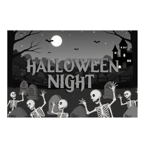 GLSZNQO Halloween-Nacht, Schwarz-Weiß-Fotografie-Hintergrund, Totenkopf, Fledermäuse, Burg, Nebel, Vollmond, trostloser Friedhof, Motto-Party, Foto-Hintergrund(CH00019) von GLSZNQO