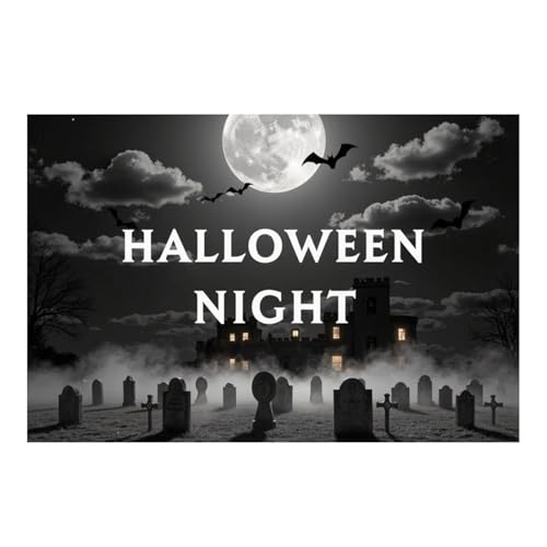 GLSZNQO Halloween-Nacht, Schwarz-Weiß-Fotografie-Hintergrund, Totenkopf, Fledermäuse, Burg, Nebel, Vollmond, trostloser Friedhof, Motto-Party, Foto-Hintergrund(CH00024) von GLSZNQO