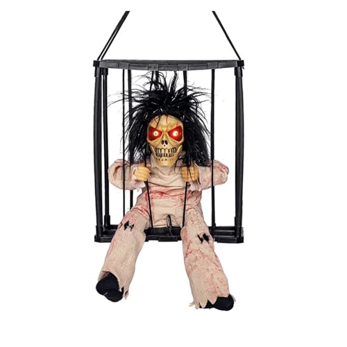 Gruselige Halloween-Dekoration mit Totenkopf, aufhängbare sprechende Geister-Requisite mit leuchtenden Augen, Soundpuppe, elektrisches Skelett-Spielzeug im Gefangenenkäfig(01) von GLSZNQO