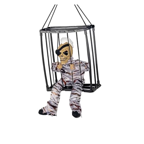Gruselige Halloween-Dekoration mit Totenkopf, aufhängbare sprechende Geister-Requisite mit leuchtenden Augen, Soundpuppe, elektrisches Skelett-Spielzeug im Gefangenenkäfig(03) von GLSZNQO