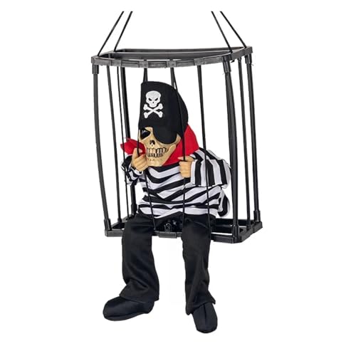 Gruselige Halloween-Dekoration mit Totenkopf, aufhängbare sprechende Geister-Requisite mit leuchtenden Augen, Soundpuppe, elektrisches Skelett-Spielzeug im Gefangenenkäfig(04) von GLSZNQO