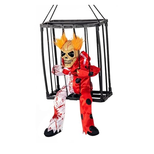 Gruselige Halloween-Dekoration mit Totenkopf, aufhängbare sprechende Geister-Requisite mit leuchtenden Augen, Soundpuppe, elektrisches Skelett-Spielzeug im Gefangenenkäfig(07) von GLSZNQO