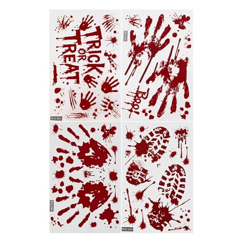 Halloween Blutige Fußabdrücke Fensteraufkleber Horror Handabdruck Blutfleck Aufkleber Dekore Statische Anziehung Klebstoff und abnehmbar(Set C-4Pcs) von GLSZNQO