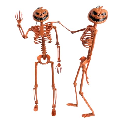 Halloween-Skelett-Kürbiskopf in voller Lebensgröße, for Aufhängen, beweglich, gefälschte menschliche Schädelknochen, Spukhaus-Party-Dekoration von GLSZNQO