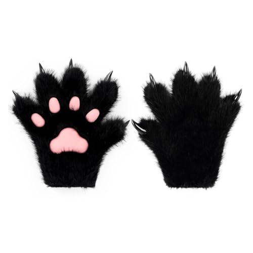 Pelzigen Pelz Katze Wolf Fuchs Hund Flauschigen Tier Pfoten Krallen Handschuhe Fäustlinge Hände Kostüm Cosplay Halloween Weihnachten for Kinder(Black) von GLSZNQO