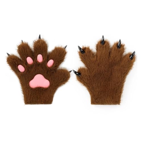 Pelzigen Pelz Katze Wolf Fuchs Hund Flauschigen Tier Pfoten Krallen Handschuhe Fäustlinge Hände Kostüm Cosplay Halloween Weihnachten for Kinder(Brown) von GLSZNQO
