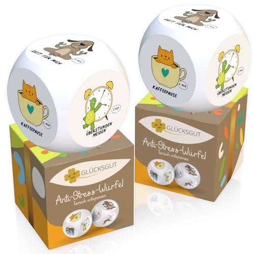 GLÜCKSGUT® Anti-Stress-Würfel | 2er Pack Tierische Pause | Lustiger Stresswürfel | 6 Motive, Geschenkbox & Anleitung | Spielzeug für Stressabbau, Kollegen & Büro Geschenk von GLÜCKSGUT