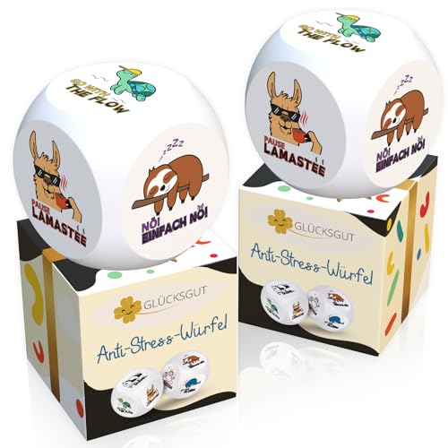GLÜCKSGUT® Anti-Stress-Würfel | 2er Pack Chill Out | Lustiger Stresswürfel | 6 Motive, Geschenkbox & Anleitung | Spielzeug für Stressabbau, Kollegen & Büro Geschenk von GLÜCKSGUT