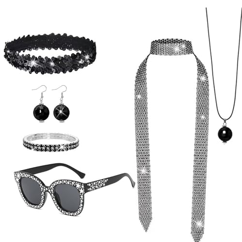 GMBYLBY 1970er Jahre Damen Diskotheken Zubehör Kostüm Pailletten Stirnband Ohrring Halskette Sonnenbrille 5 Stück/Set Rockstars Coole Outfits GMBYLBY 1970er Jahre Damen Diskotheken Zubehör Kostüm Pailletten Stirnband Ohrring Halskette Sonnenbrille 5 Stück/Set Rockstars Coole Outfits von GMBYLBY