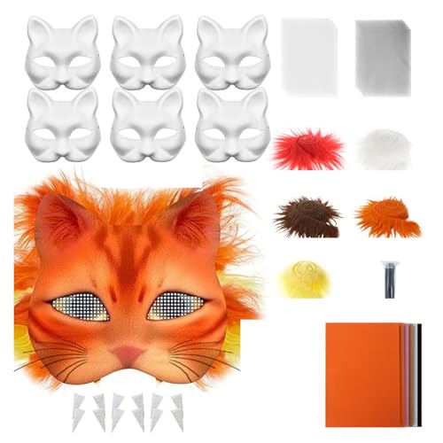 GMBYLBY 29/42pcs Katzen Gesichtsmaske Unbemalte Maskeraden Masken Set Mit Augennetz Pelziger Zipfel Felzte Tuch Für Halloween Cosplay von GMBYLBY