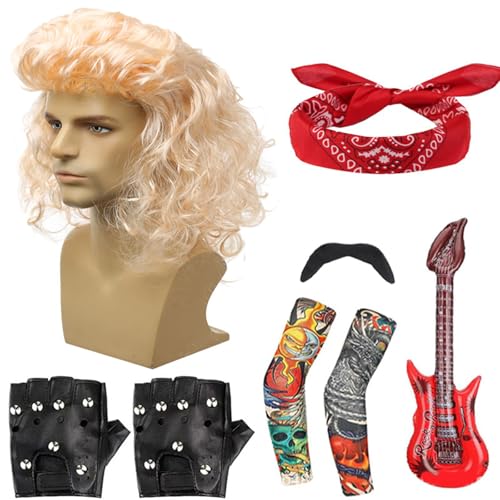 GMBYLBY Musikstern-Kostüm-Zubehör für Herren, künstliche Bärte, Perücken, aufblasbare Gitarre, Armstulpen, Stirnband, Brille, Handschuhe, Disco-Party-Outfit von GMBYLBY