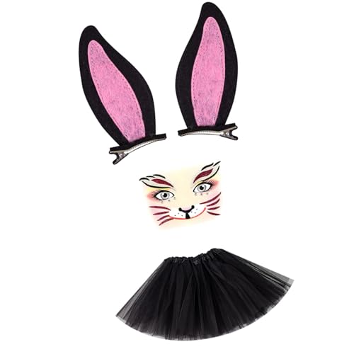 GMBYLBY Zarte Kaninchen Ohren Haarclip Mit Passenden Gesichtsaufklebern Und Maschenrockzubehör Für Kinder Erwachsene Rollen Spielen Kaninchenohren Hair Clip Set von GMBYLBY
