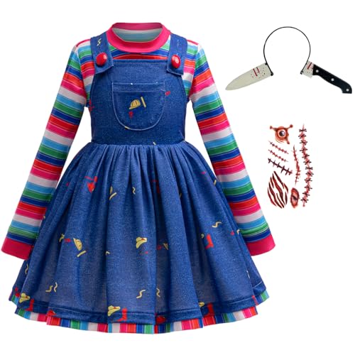 GMEDJVE Mädchen Halloween Puppenkleid Kostüm Blau Denim Kleid Regenbogen Gestreiftes Shirt Kinder Horror Cosplay Killer Play Movie Outfit GMEDJVE Mädchen Halloween Puppenkleid Kostüm Blau Denim Kleid Regenbogen Gestreiftes Shirt Kinder Horror Cosplay Killer Play Movie Outfit von GMEDJVE