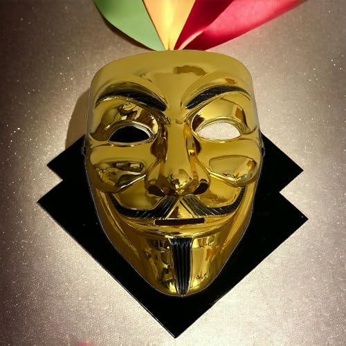 GMM V wie Vendetta Maske, mit Gummizug, Einheitsgröße für Erwachsene, Maskerade, Kostüm, Karneval, Halloween, Cosplay-Kostümzubehör, Motto-Abendparty (Gold) von GMM