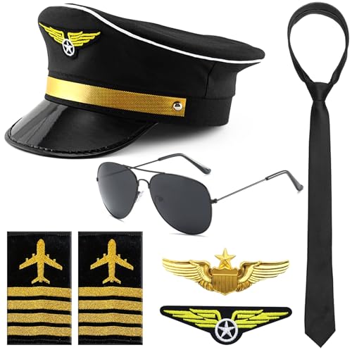 GMMG Piloten Kapitän Kostüm Herren Kapitänsmütze Pilot Kostüm Pilotenmütze Schulterklappen Kapitän Pilot Set Kapitän für Halloween Motto-Partys von GMMG