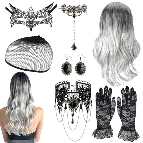 Halloween Perücke Damen, 70cm Perücke Grau Lang Wellte Lockig, Halloween Kostüm Damen Perücke, Hexenperücke Gotisch Halskette Armbänder für Halloween, Karneval, Maskerade und Cosplay von GMMG