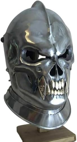 GO NAUTICAL INSTRUMENTS Mittelalterliches dämonisches Totenkopf-Gesicht, Kampfbereiter Ritterhelm, 18 Gauge, Stahl, Halloween-Kostüm, tragbar, Erwachsene, Silber & Gold von GO NAUTICAL INSTRUMENTS