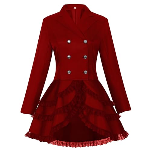 Damen Gothic Vintage Steampunk Jacke Viktorianischen Cosplay Kostüm Viktorianische Spitze Spleißen Korsett Mantel Frack Mittelalter Halloween Vampir Kostüm Smoking Uniform (A Rot, L) von GOBIWM