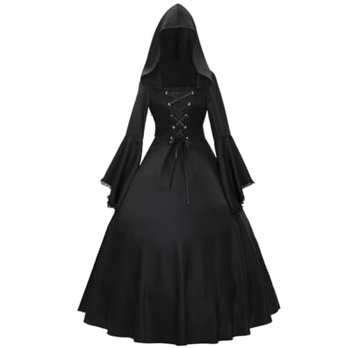 Mittelalterliches Retro-Hexenkostüm, mit Kapuze, ausgestellte Ärmel, Renaissance, viktorianisch, Gothic, langes Kleid, Hexenkostüm, Erwachsenenkostüm, Cosplay-Kostüm, Halloween-Kleid (Typ 1, XXL) von GOBIWM